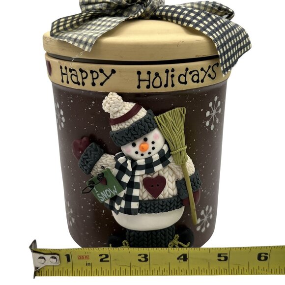 Happy Holidays 3D Snowman Ceramic Cookie Jar Lid Bow 7" Brown Snowflake Design - Picture 3 of 12